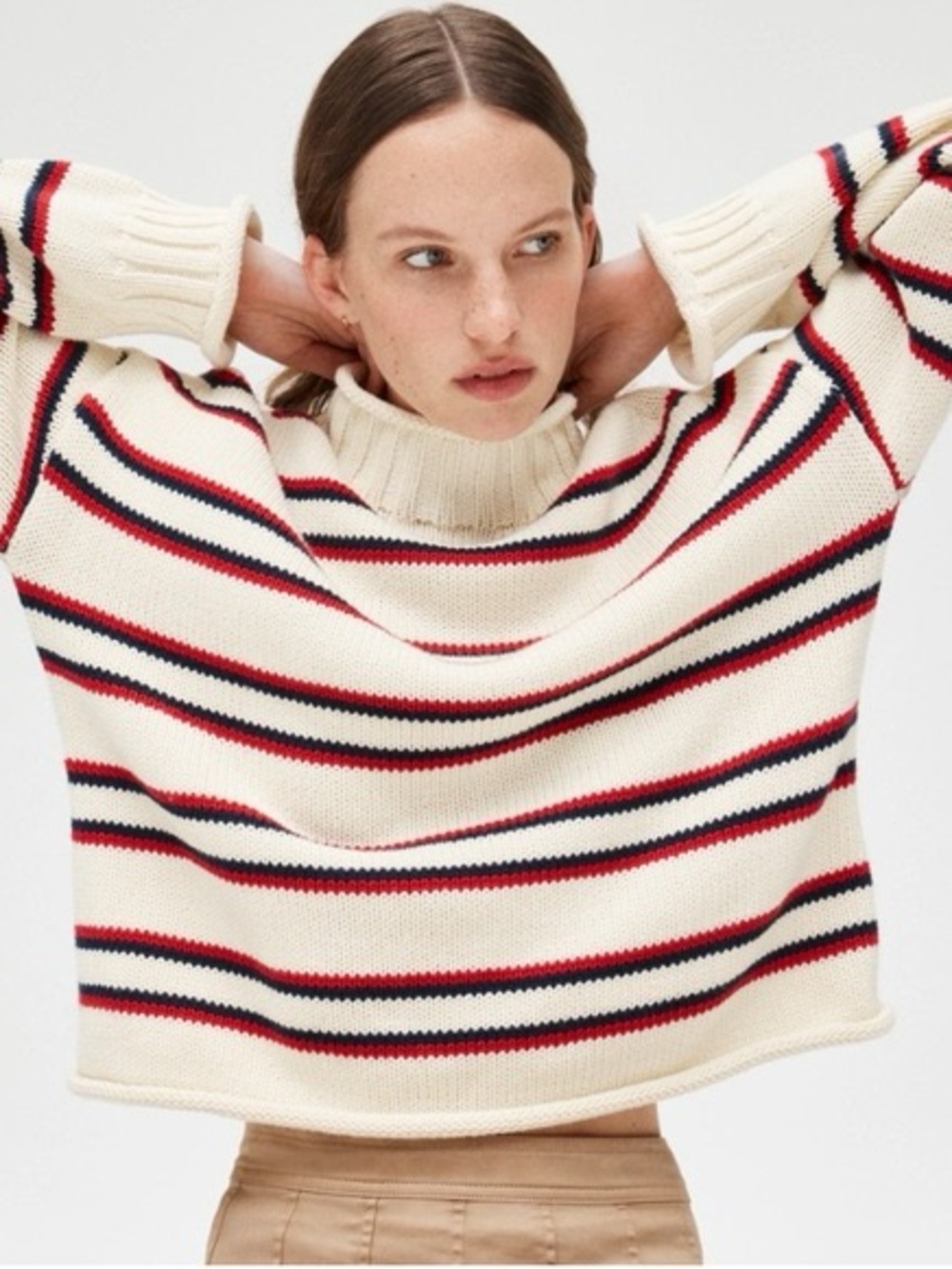 J. Crew Rollneck Stripe Sweater in Ivory, Ruby and Navy